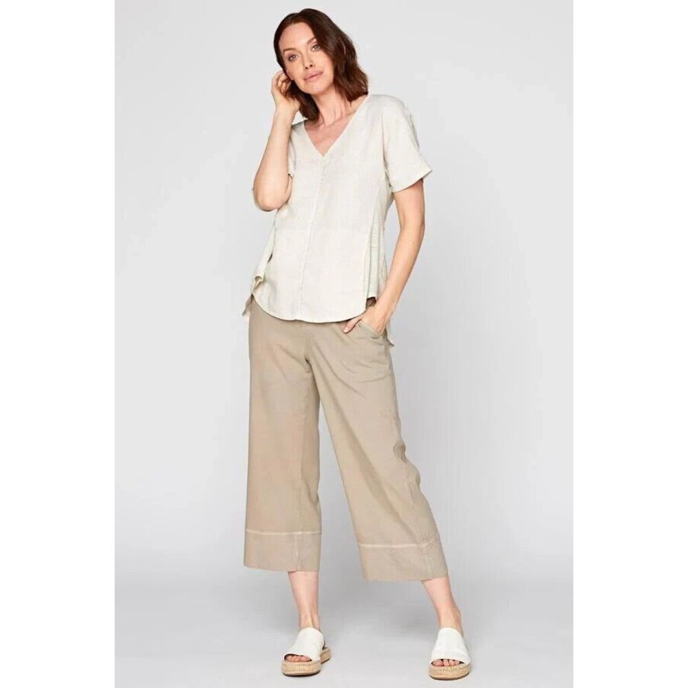 XCVI Maja Women's Outlands Tan Tencel Cotton Straight Wide Leg Cropped Pant Sz S